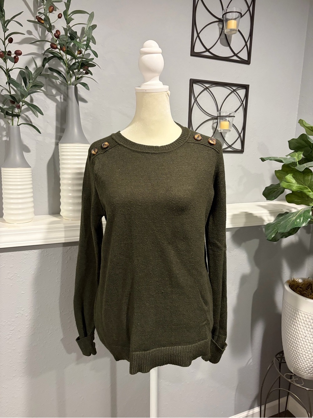 Pink Clover Olive Green Button-Shoulder Sweater